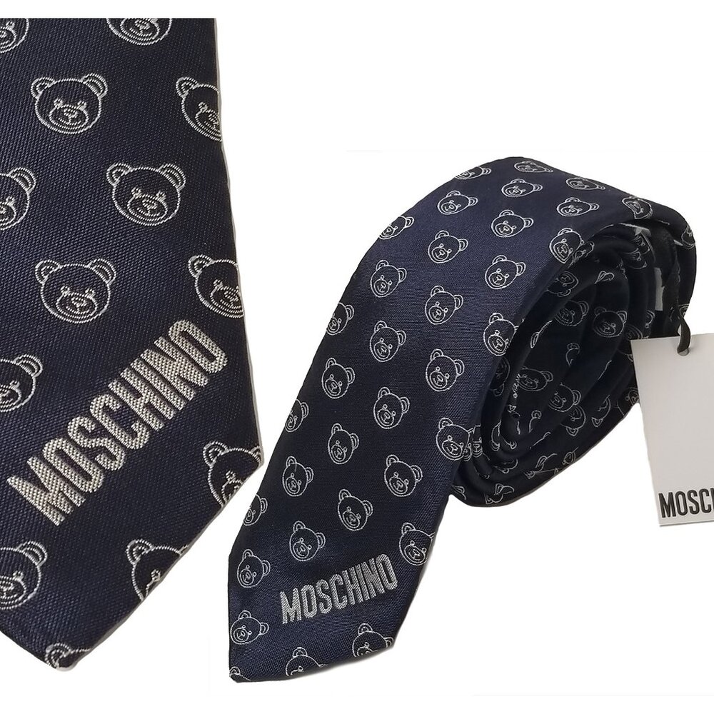 MOSCHINO TIE WOVEN SILK TEDDY BEAR LOGO PRINT NEW AUTH